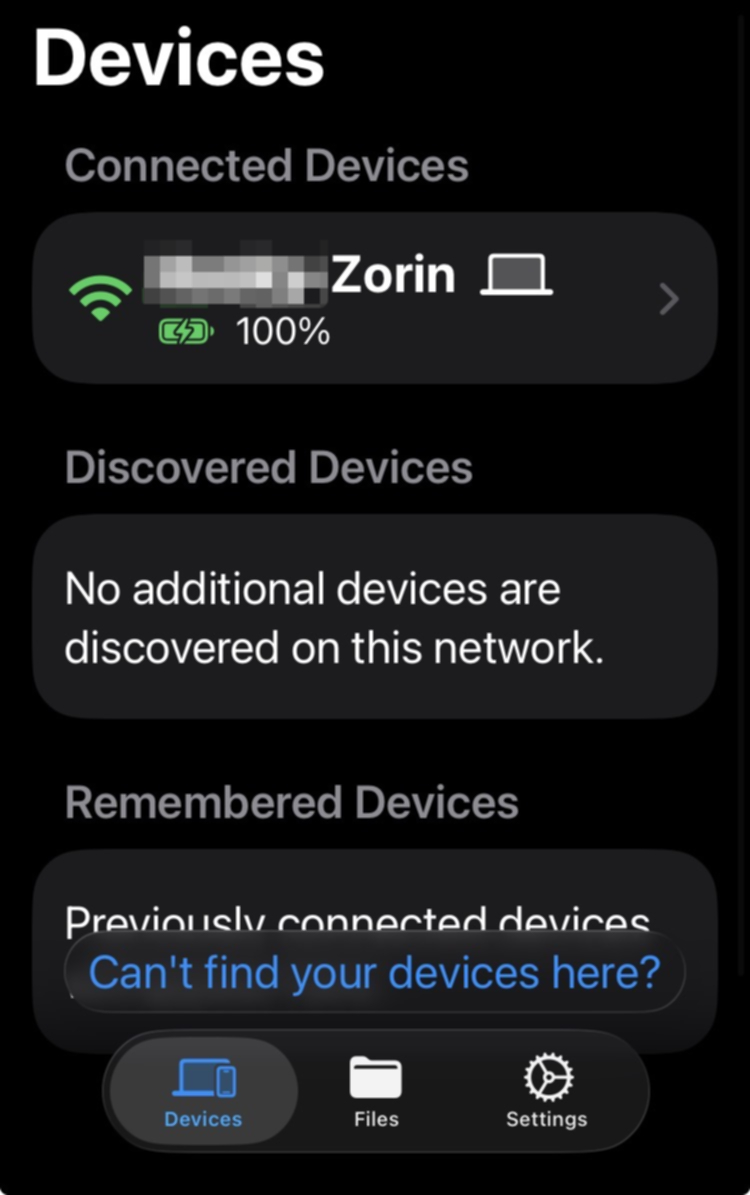 Screen showing a successful connection from the smartphone to the Zorin OS PC
