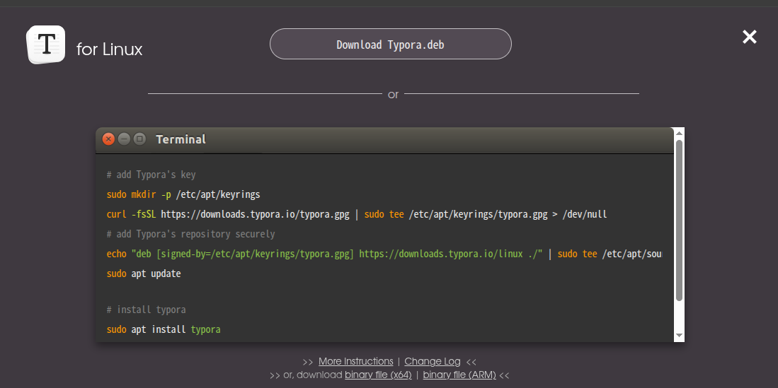 Screen showing the download of a DEB file from the Typora website